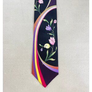 Vintage Floral Rainbow Tie 1990s Colorful Roses Print Silk Necktie